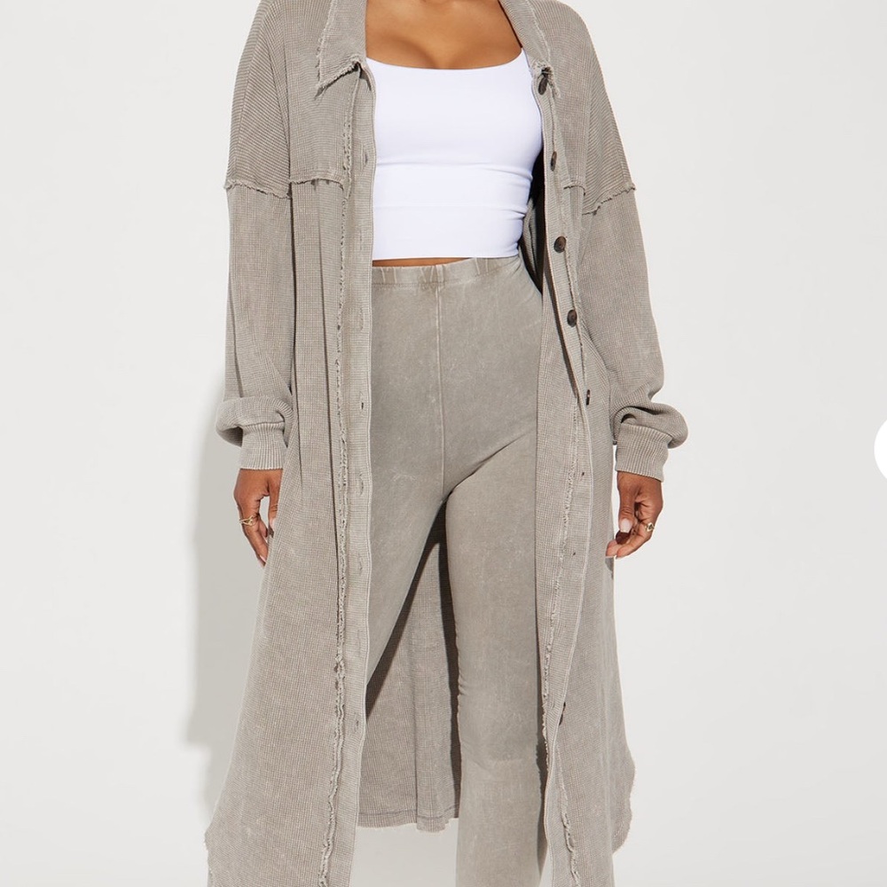 Washed Legging Set Cardigan Duster Waffle Taupe Longline Cardigan Set